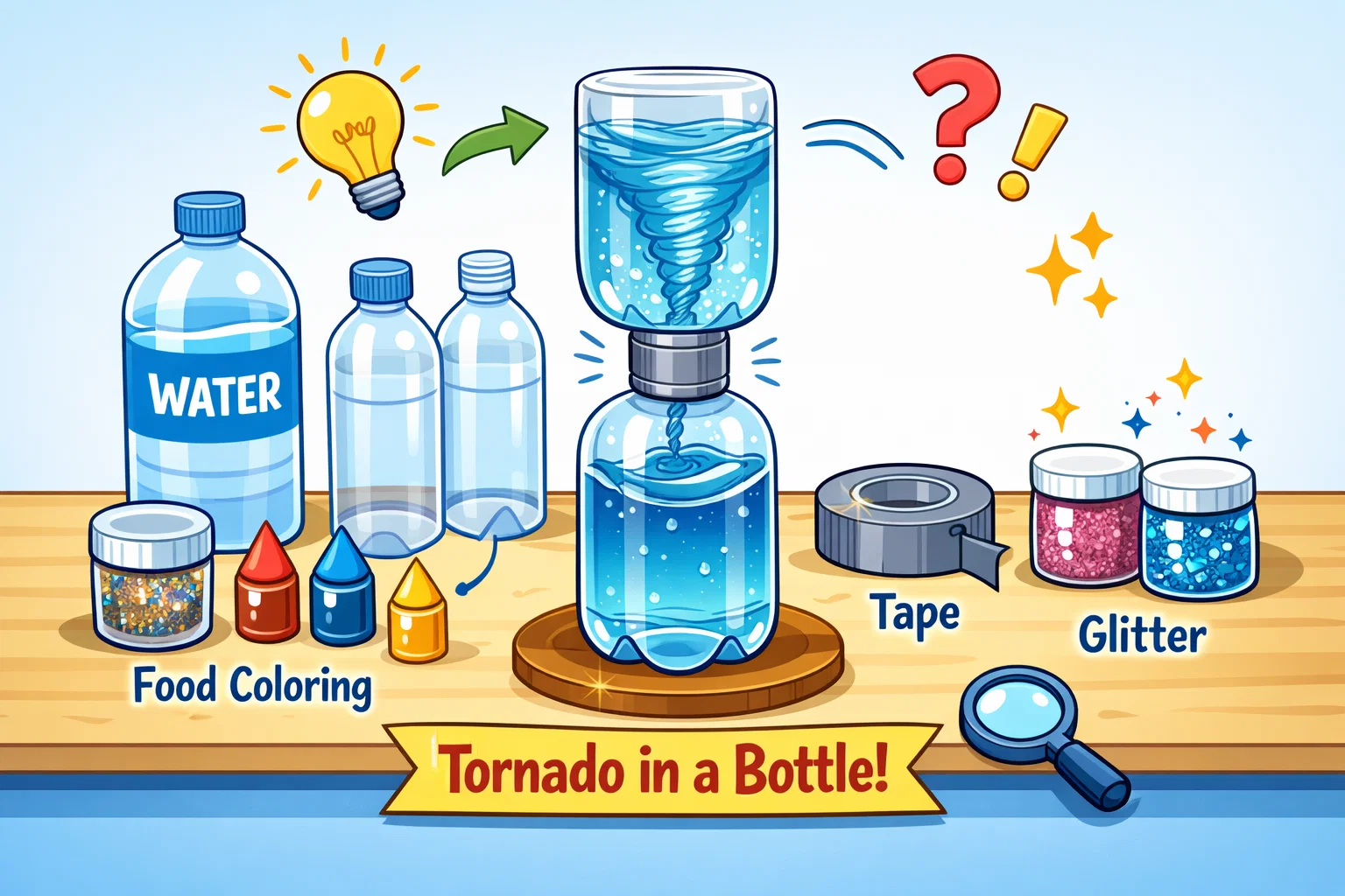 Tornado in a bottle experiment overview showing materials and spinning water vortex.