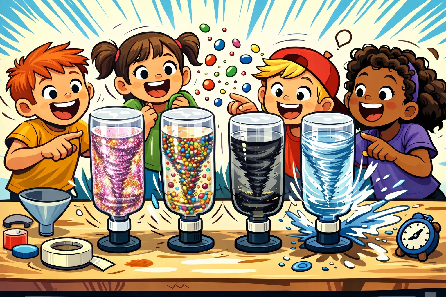 Tornado in a bottle experiment variations with glitter, color, and different vortex effects.