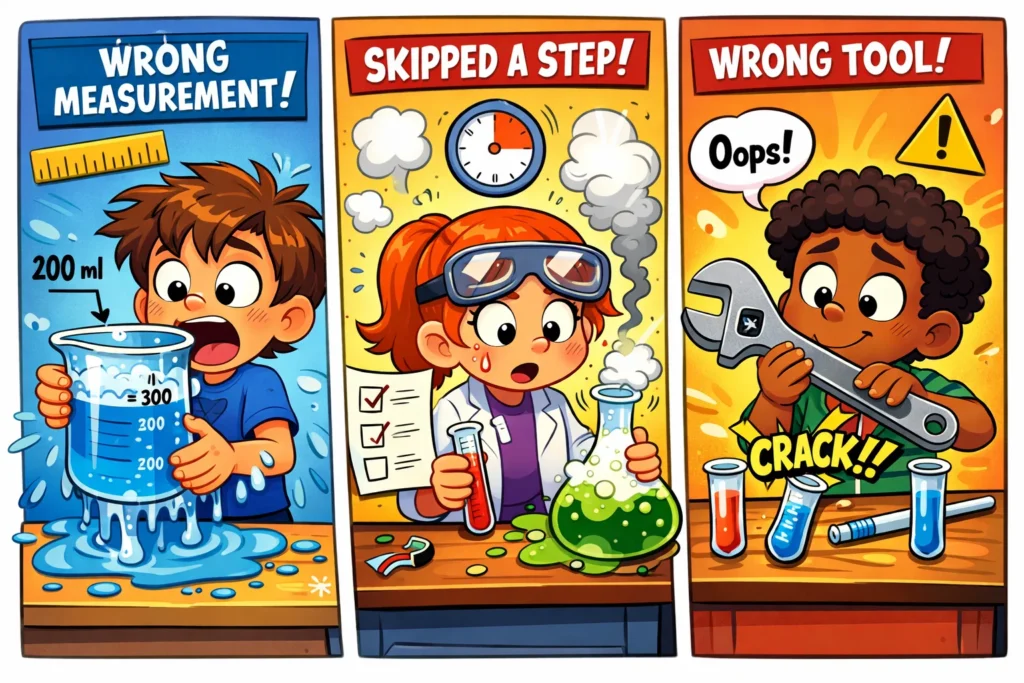 Types of errors in kids experiments including measuring mistakes and incorrect experiment steps.
