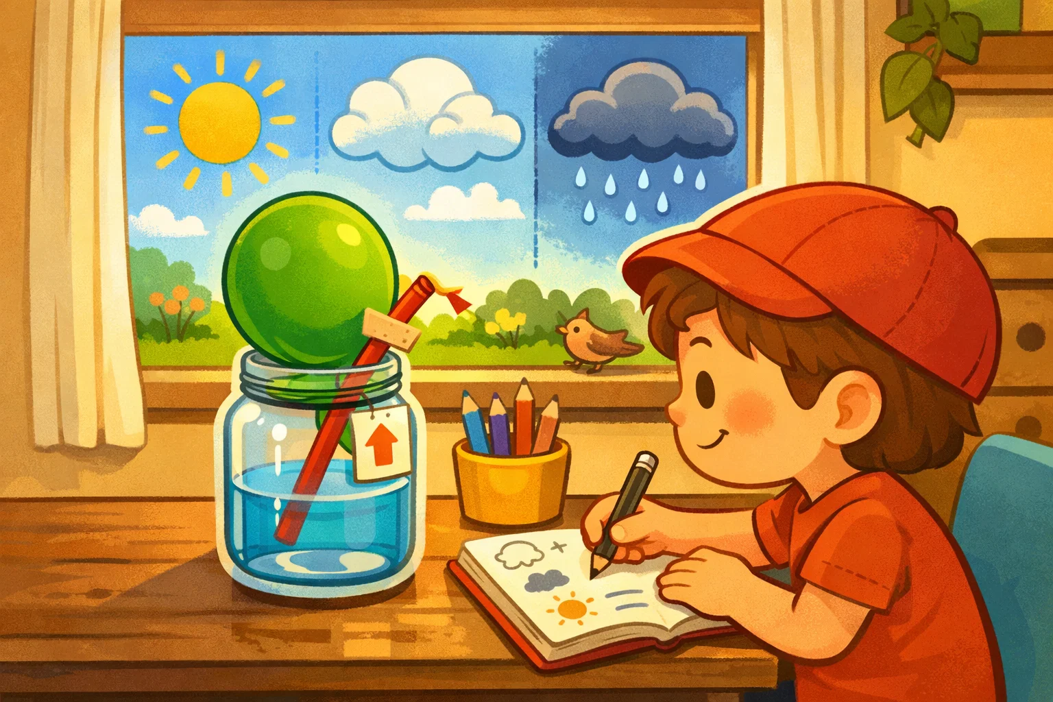 Using homemade barometer with balloon and jar to observe weather changes.