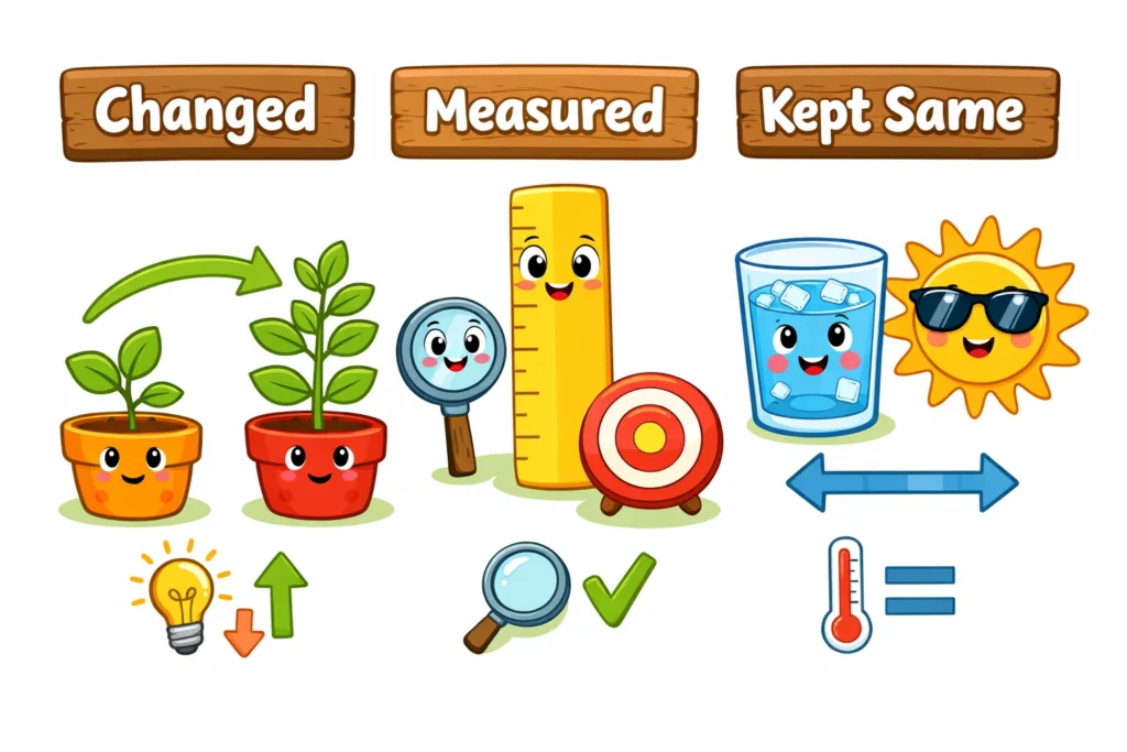 Variables in fair test experiments showing changed measured and controlled factors.