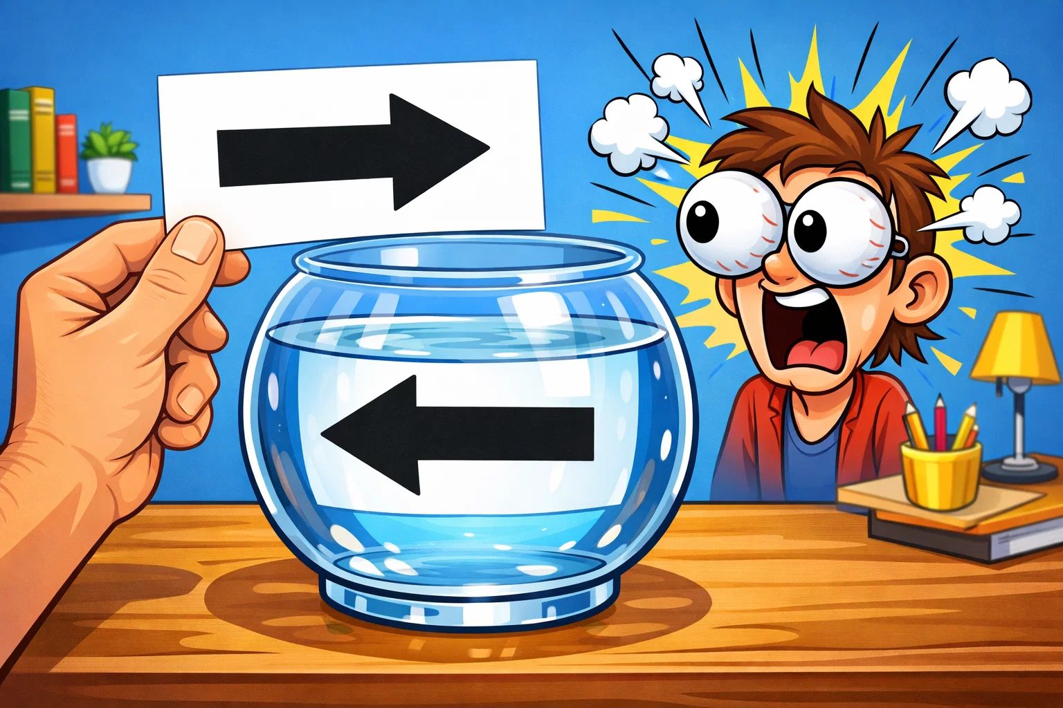 Cartoon showing an arrow reversing direction through a round glass of water with a surprised character.