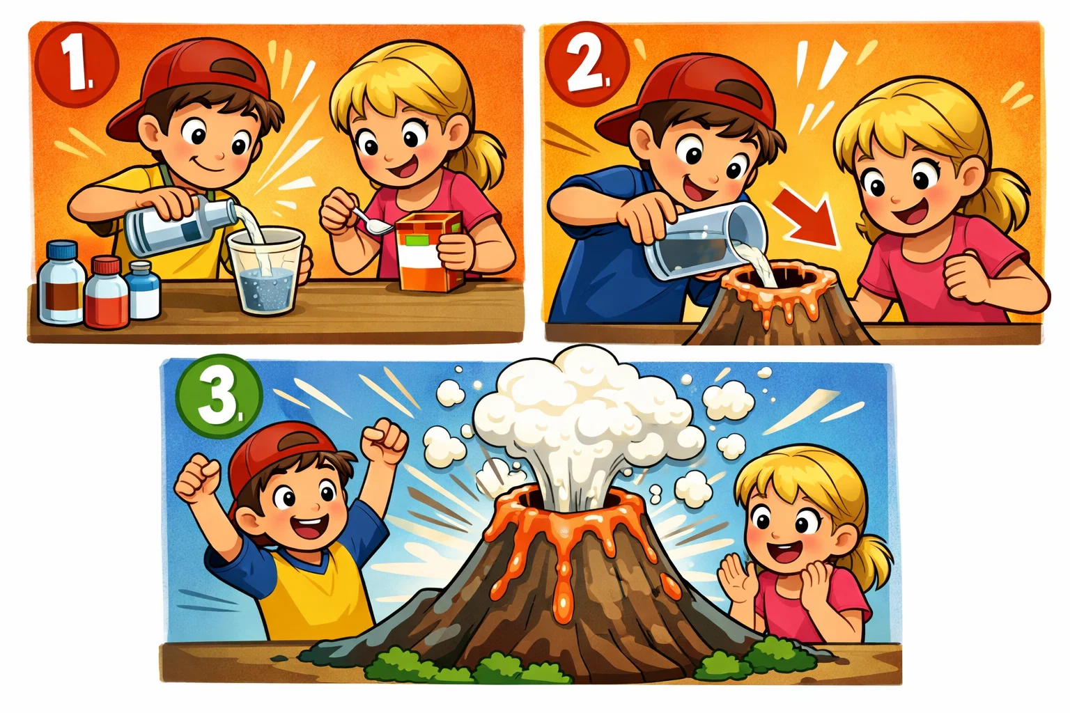 Volcano eruption steps shown in a kids science experiment activity.