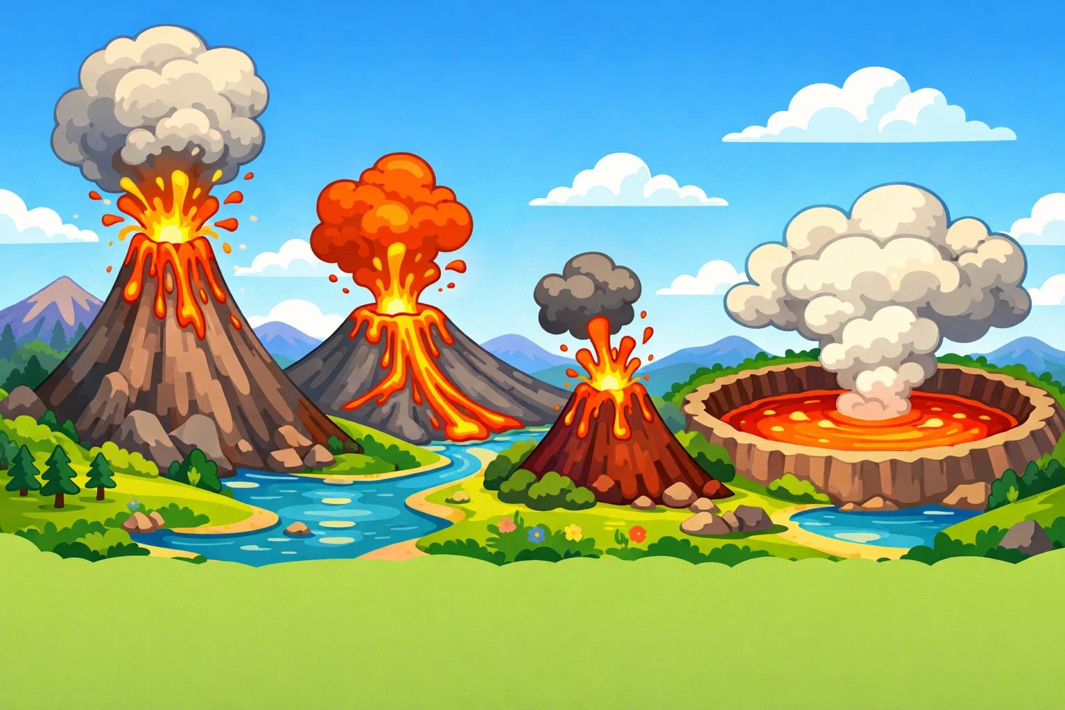 Volcano types for kids illustrated with different volcano shapes and eruptions.