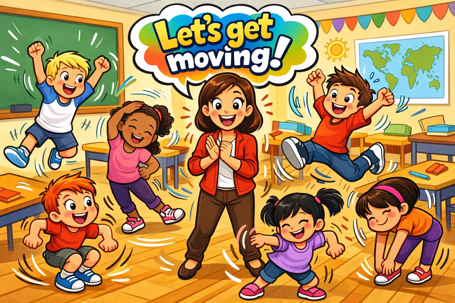 Warm up activities for kids in a classroom setting that encourage movement and focus.