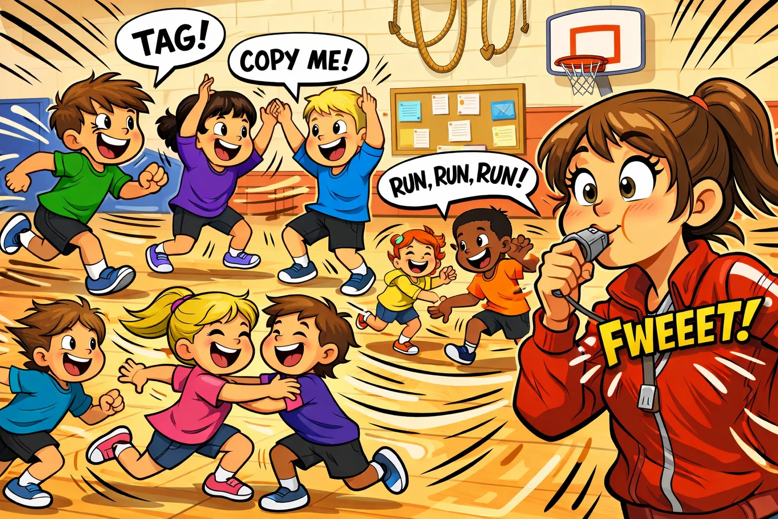 Warm up games for kids involving active group play and movement.