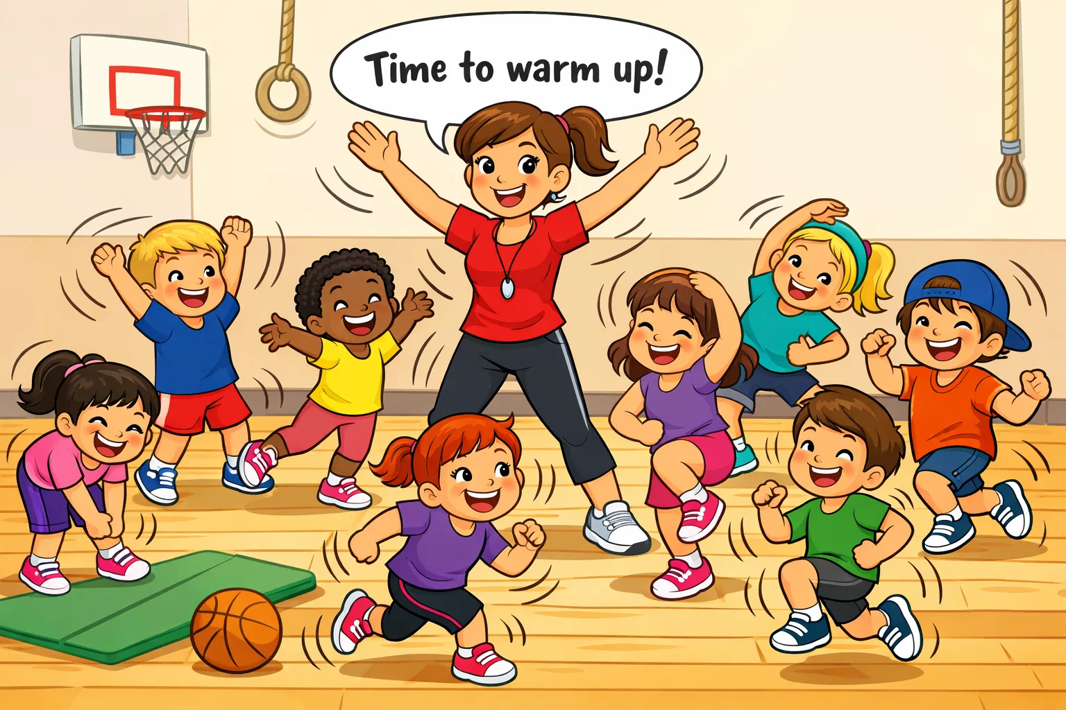 Warm up PE games for kids doing stretches and light exercises together.