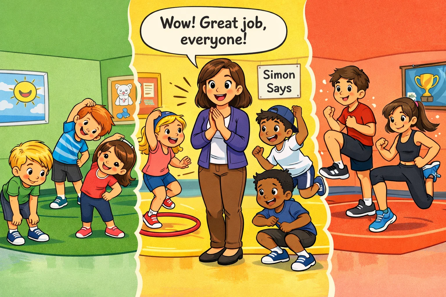 Warm ups by age group for kids with activities suited to different development stages.