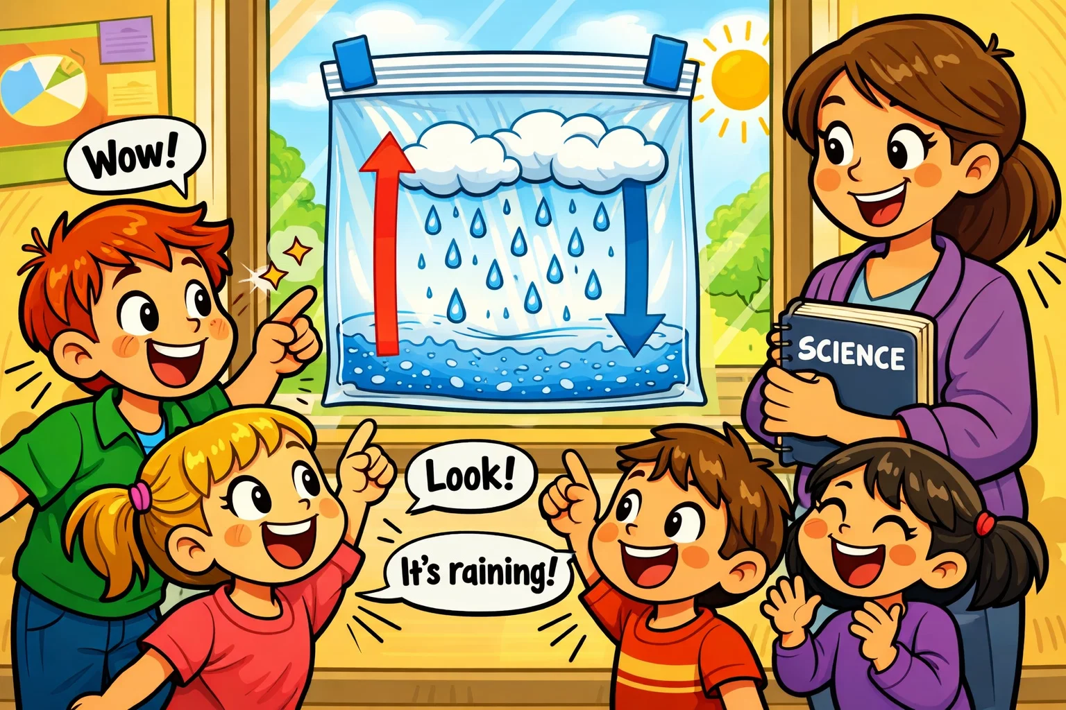 Water cycle bag experiment for kids showing evaporation and rain inside plastic bag.