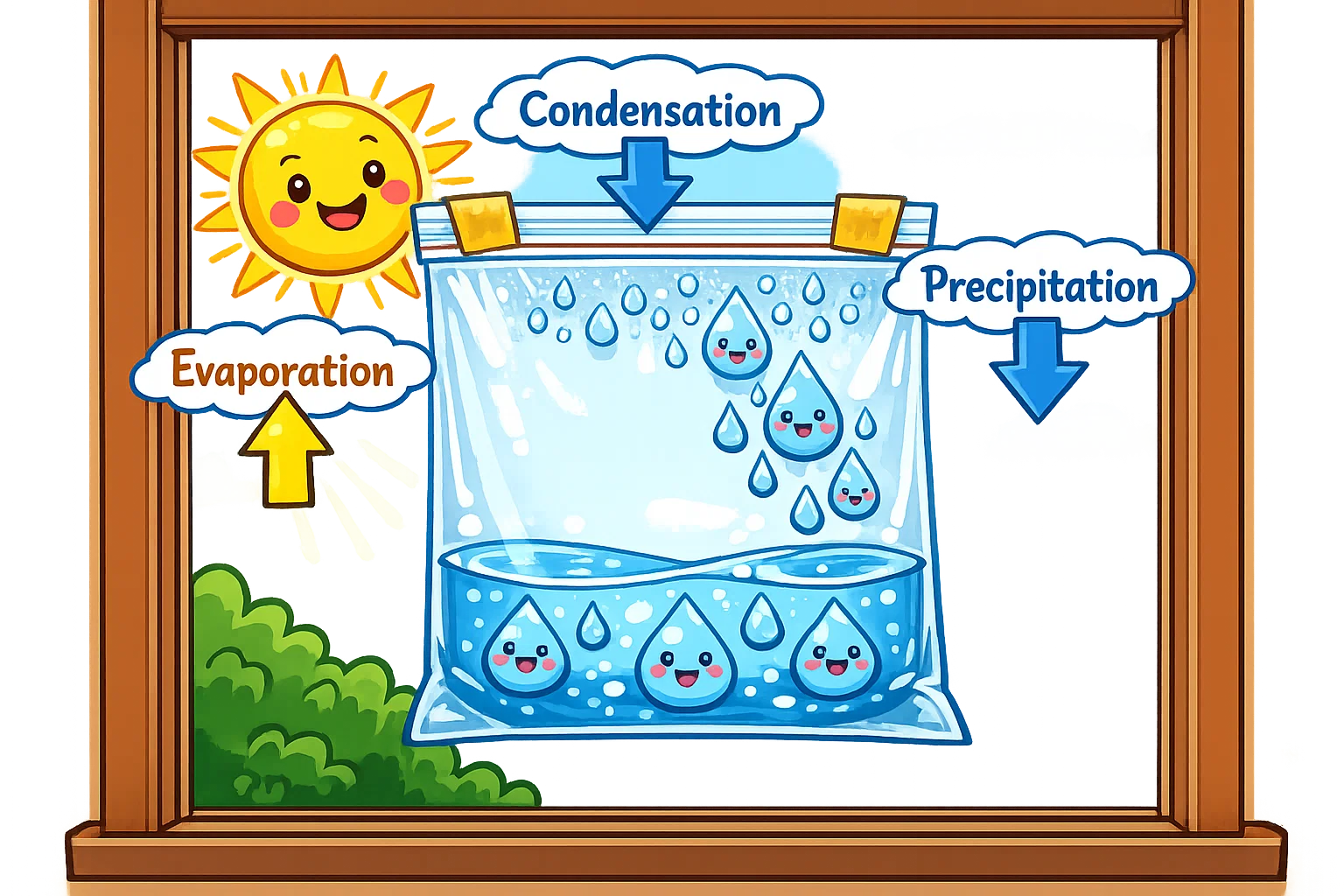Water cycle in a bag science activity demonstrating evaporation and condensation.