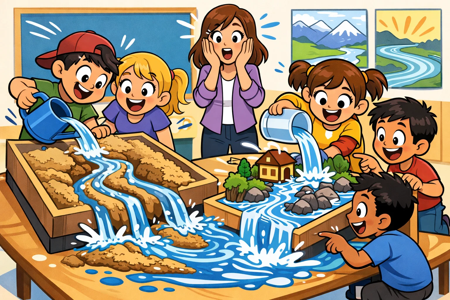 Water erosion science experiment activities showing sand moving with flowing water. Water erosion science experiment activities showing sand moving with flowing water.