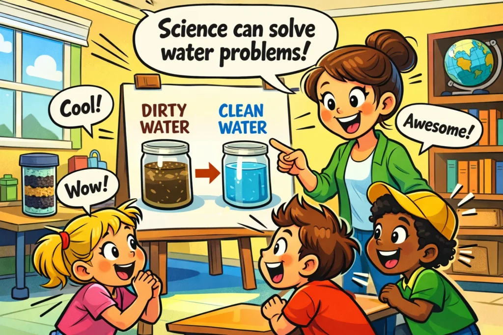 Teacher explaining water filtration challenge to kids in classroom.
