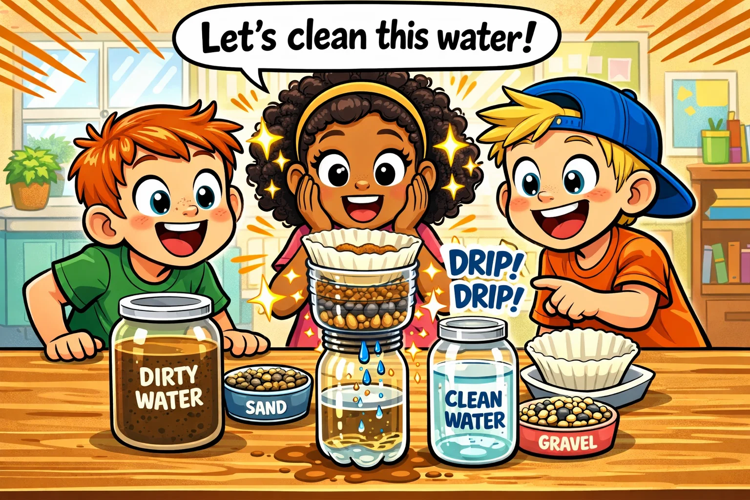 Kids doing water filtration challenge with household items and DIY filter bottle.