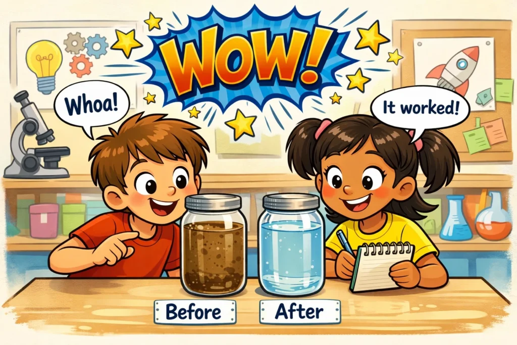 Kids comparing water filtration experiment results with clearer water.
