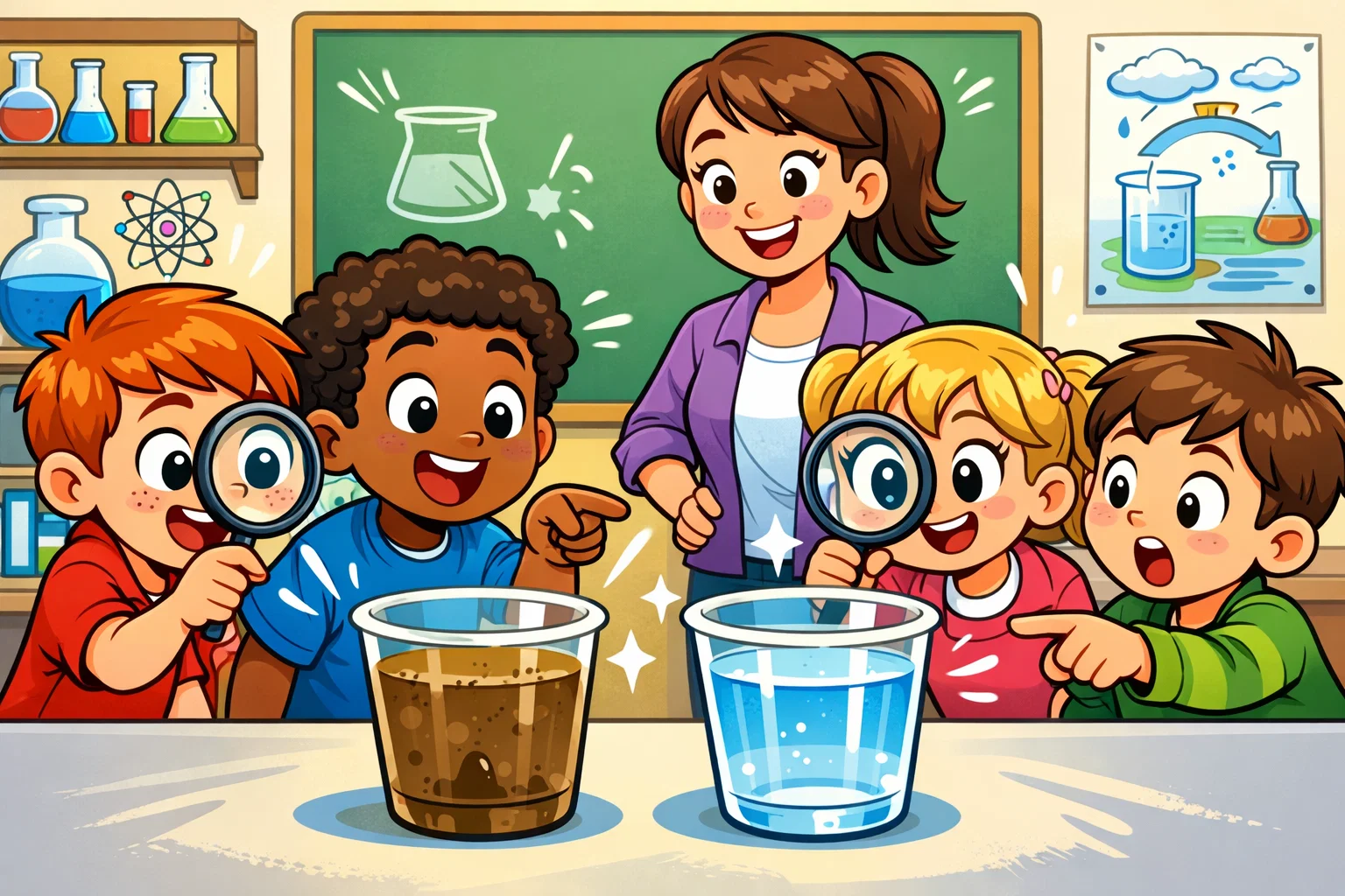 Water filtration experiment results comparing dirty water with filtered water. Water filtration experiment results comparing dirty water with filtered water.