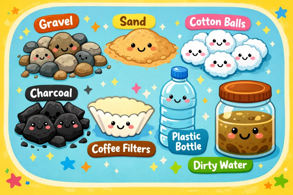 Water filtration materials gravel sand charcoal and cotton for experiment.
