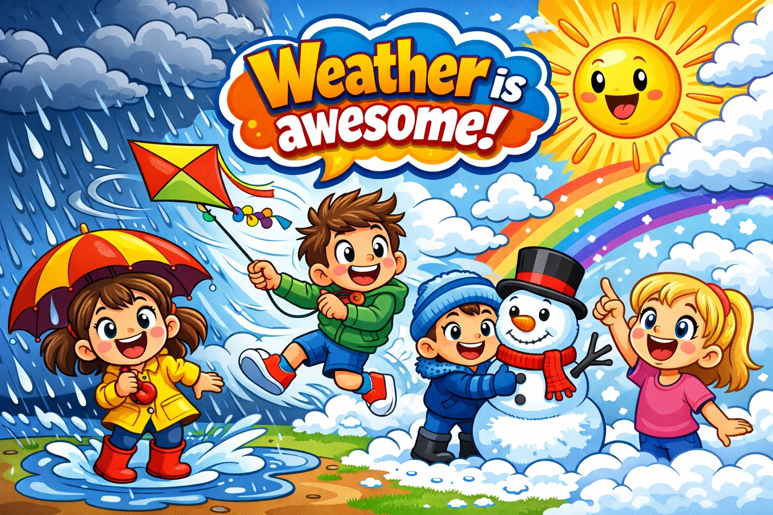 Weather activities kids cartoon showing sun rain wind and snow play.