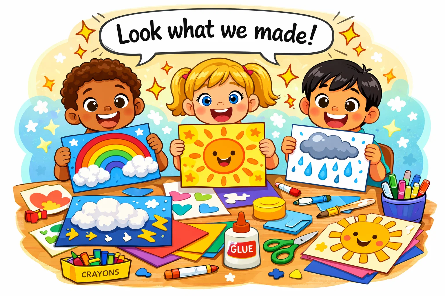 Weather arts crafts kids making rainbows clouds and sun art.