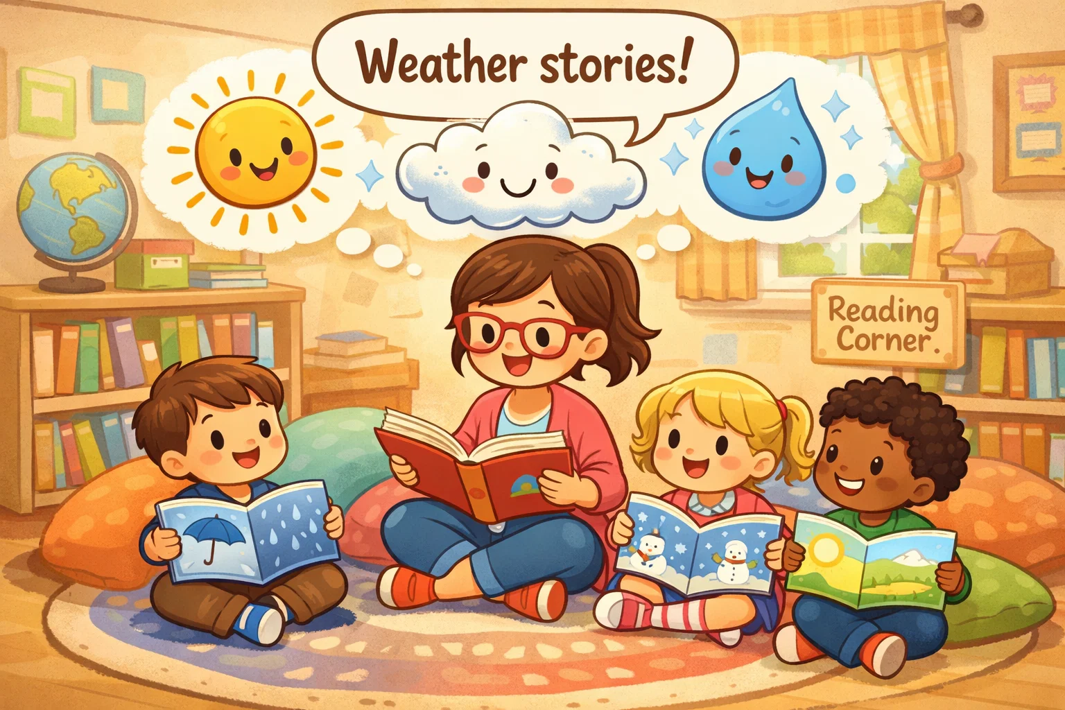 Weather books stories kids reading about rain clouds and sunny days.