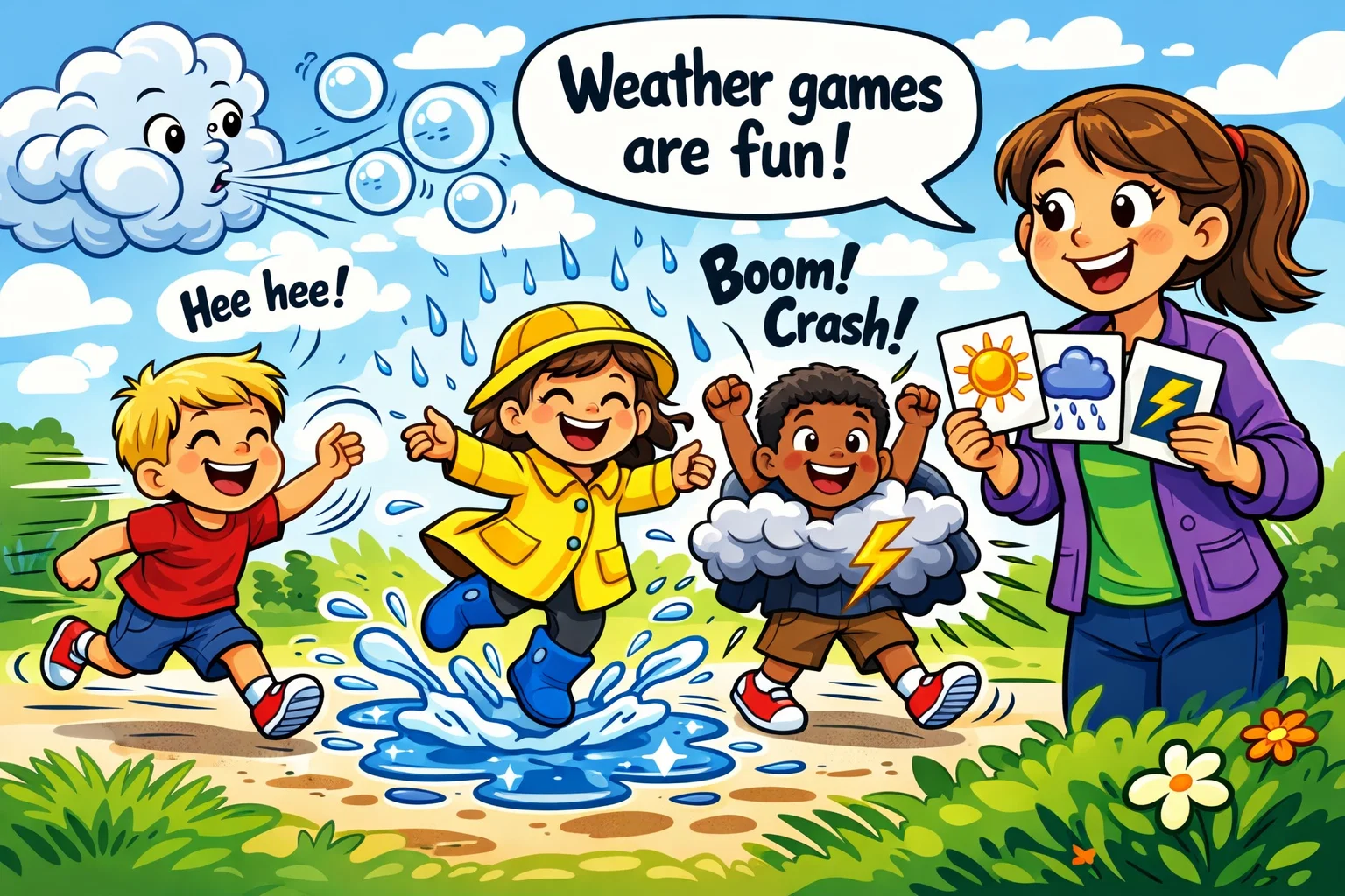 Weather games movement kids running jumping and playing in weather scenes.