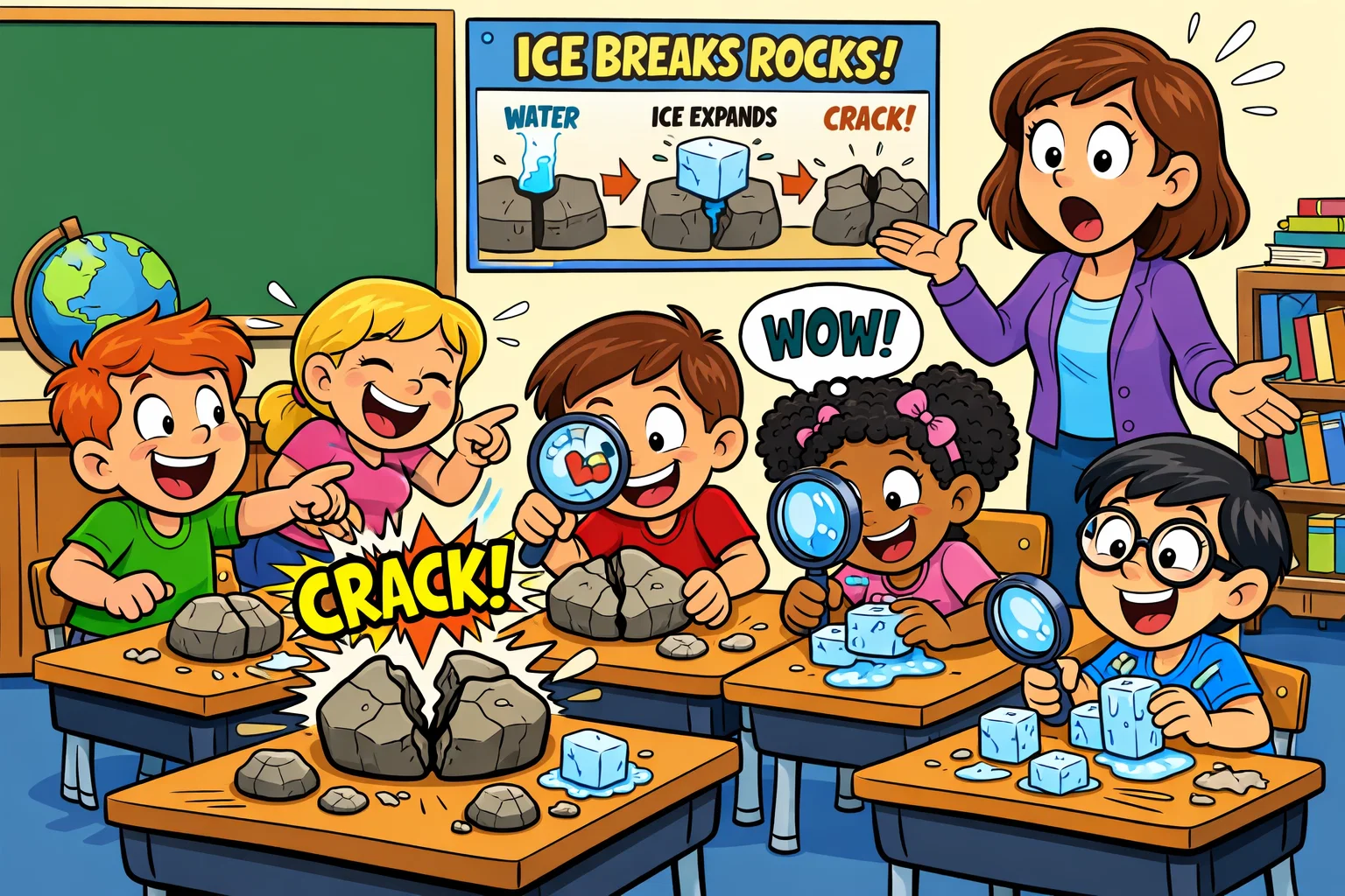 Weathering experiments for kids showing freeze thaw process and rock cracking in classroom.
