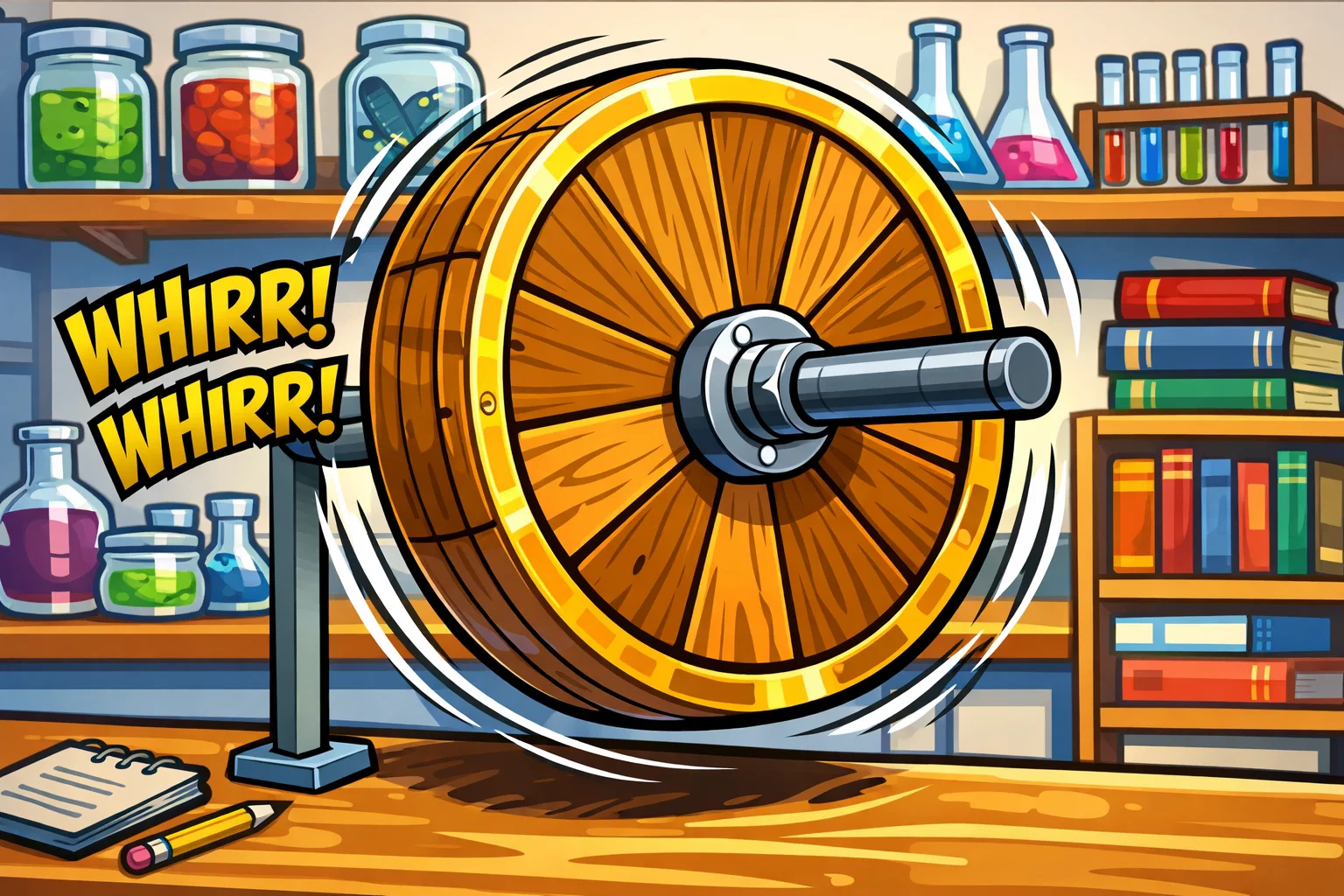 Playful cartoon of a wooden wheel and axle in a science lab with motion lines.