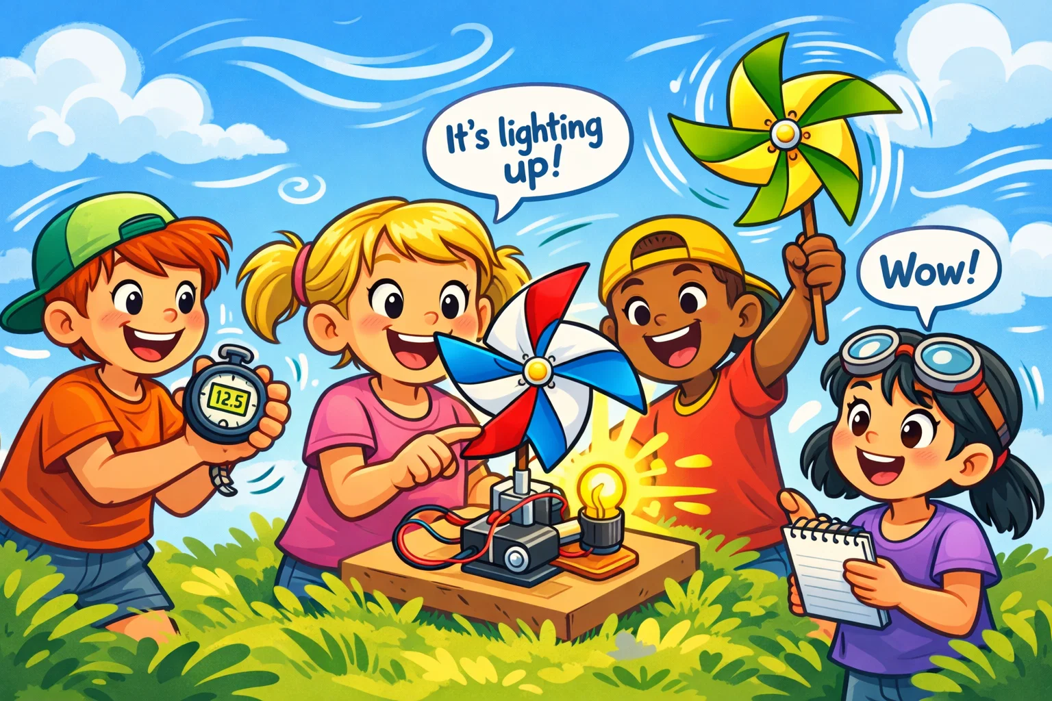 Wind powered pinwheel challenge for kids showing spinning pinwheels and power output experiment.