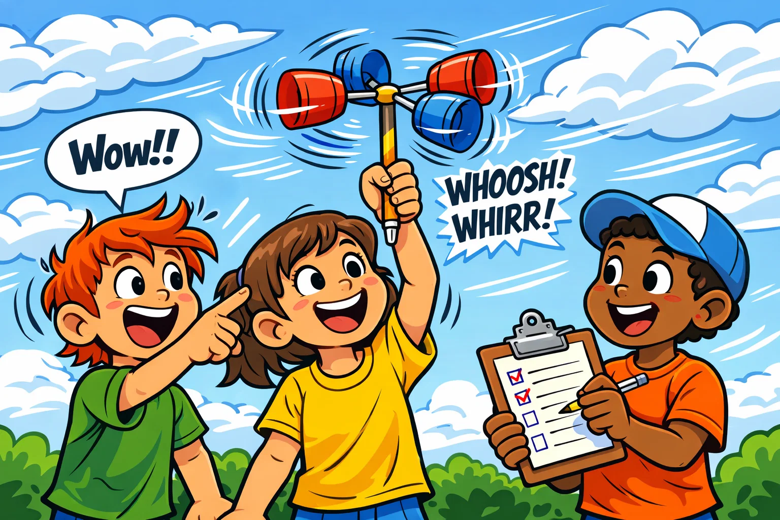 Wind speed experiment kids anemometer being tested outdoors.