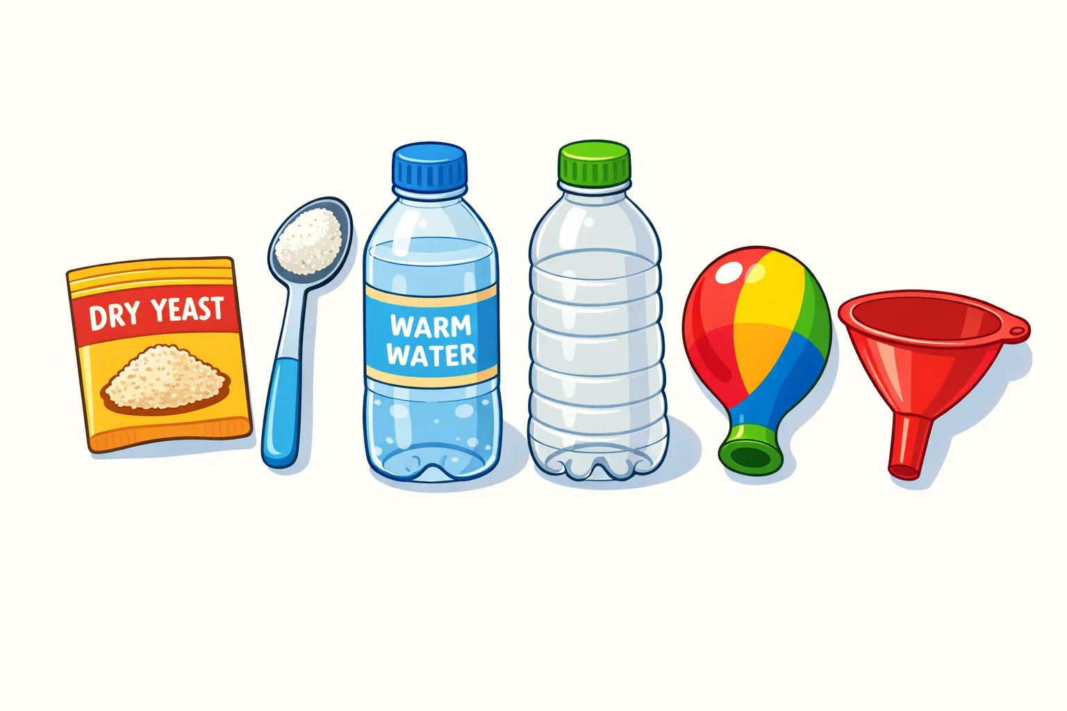 Yeast balloon experiment materials with sugar yeast bottle and balloon. Yeast balloon experiment materials with sugar yeast bottle and balloon.