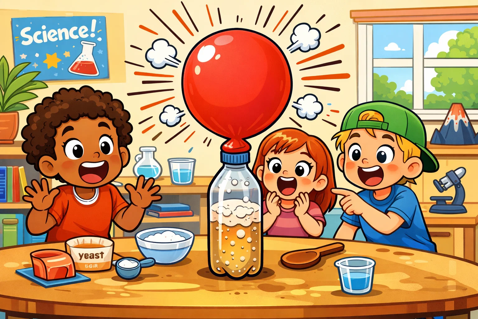 Yeast fermentation balloon experiment for kids with an inflating balloon.