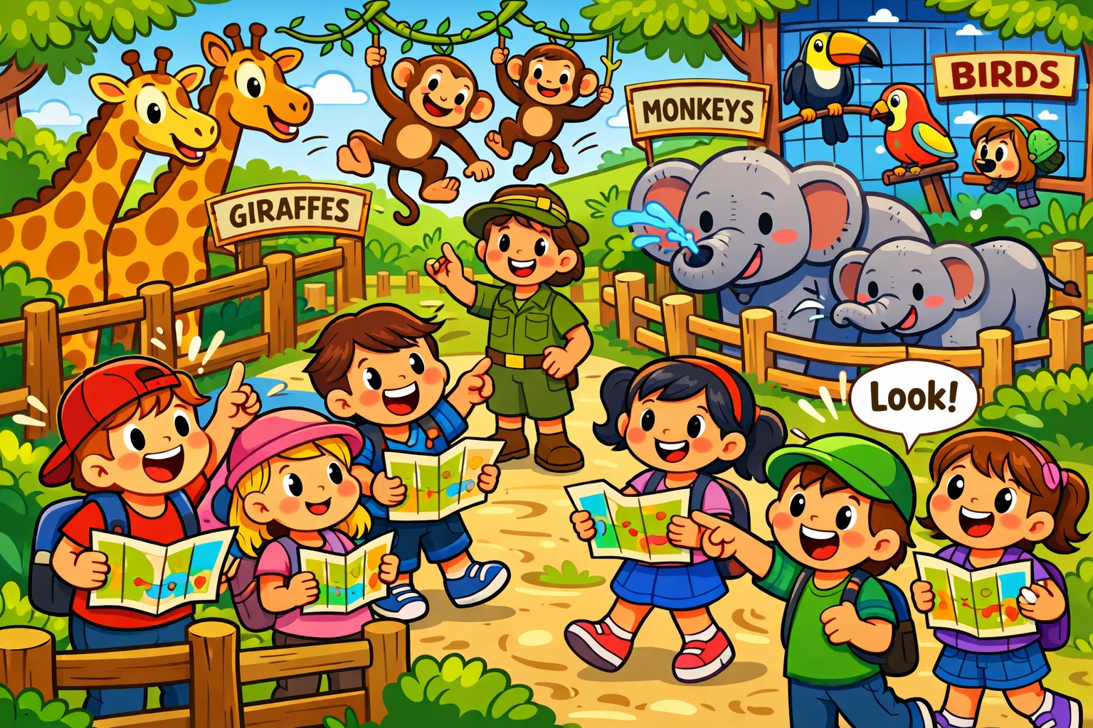 Zoo theme activities for kids exploring animals with maps and guides.