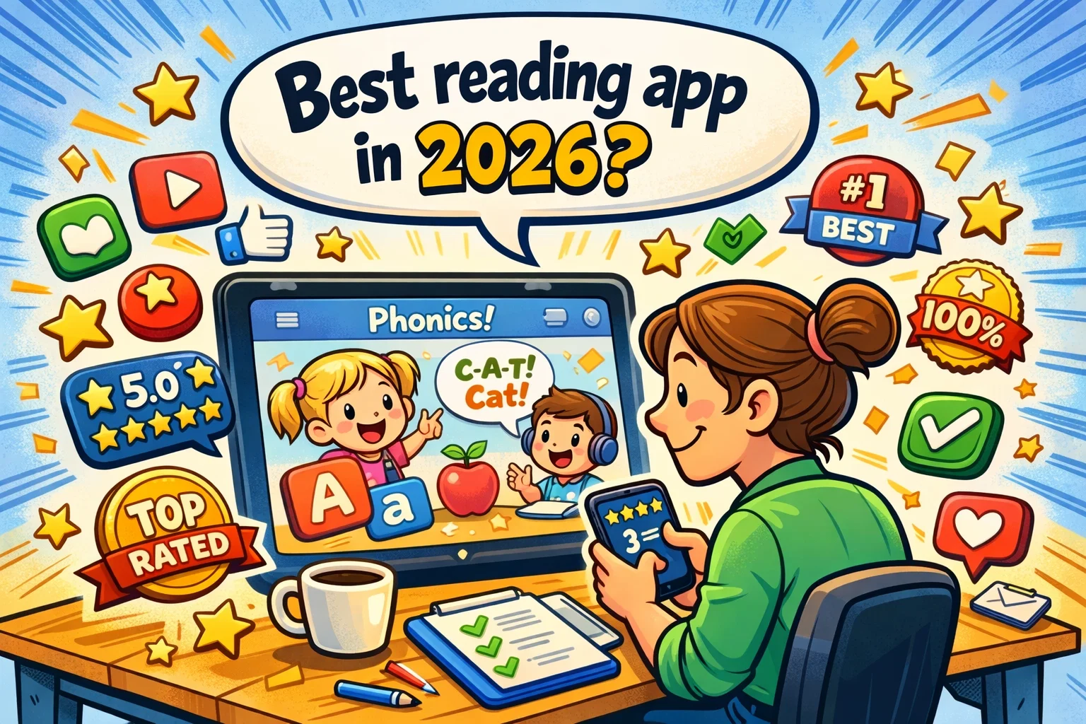 Learn to read app reviews for kids on tablet screen.
