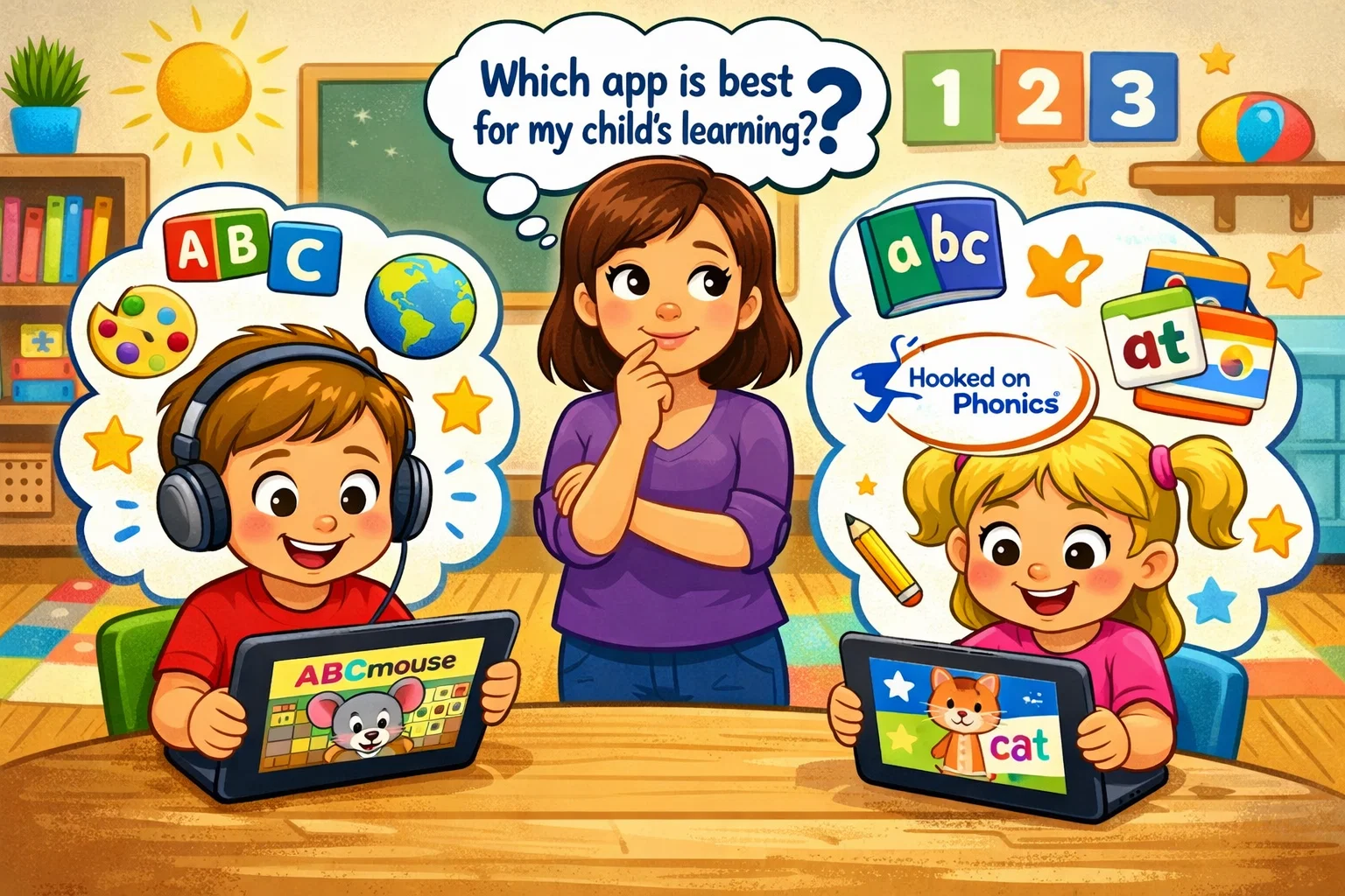 ABCmouse vs Hooked on Phonics comparison with kids engaging in learning apps.
