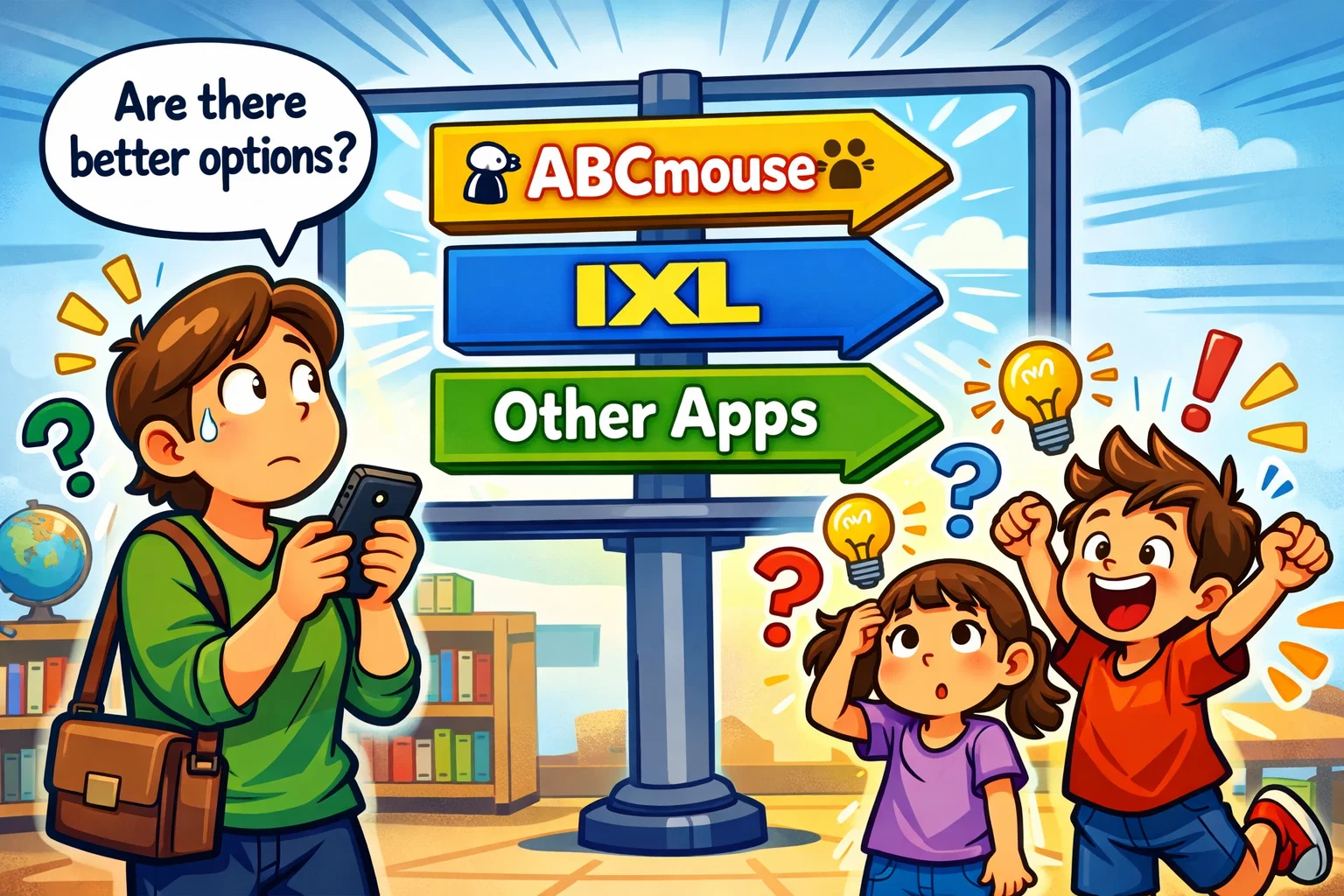 ABCmouse and IXL alternatives for kids displayed in playful educational app comparison scene.
