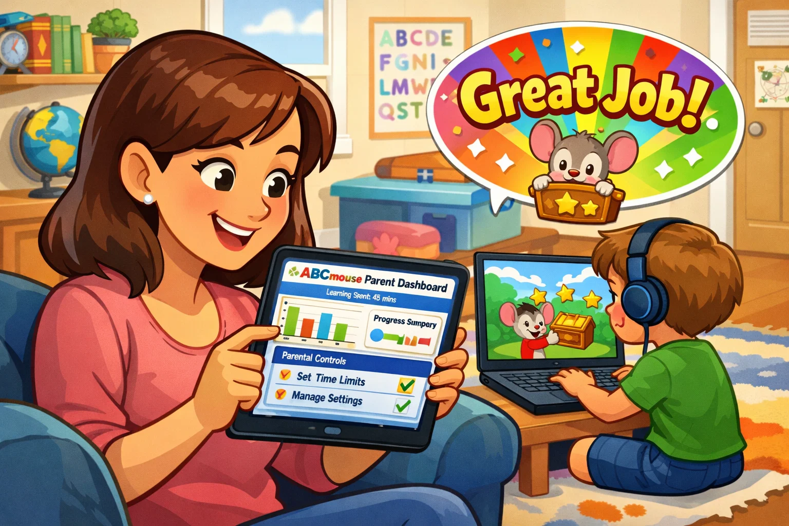  Cartoon parent using ABCmouse’s progress tracking and parental controls to monitor child’s learning.
