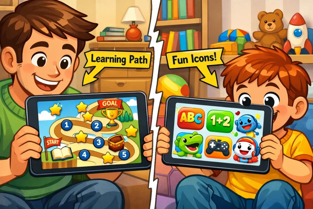 ABCmouse vs ABCmouse 2 comparison on tablets showing different learning layouts.