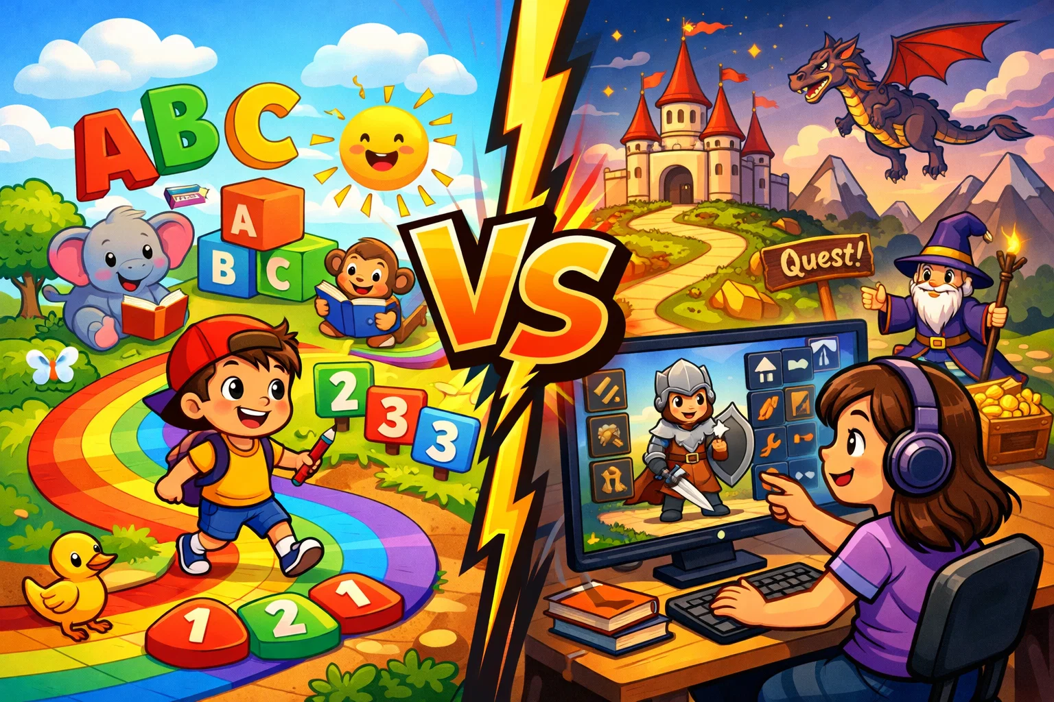 ABCmouse vs Adventure Academy comparison cartoon showing structured and adventure learning styles.