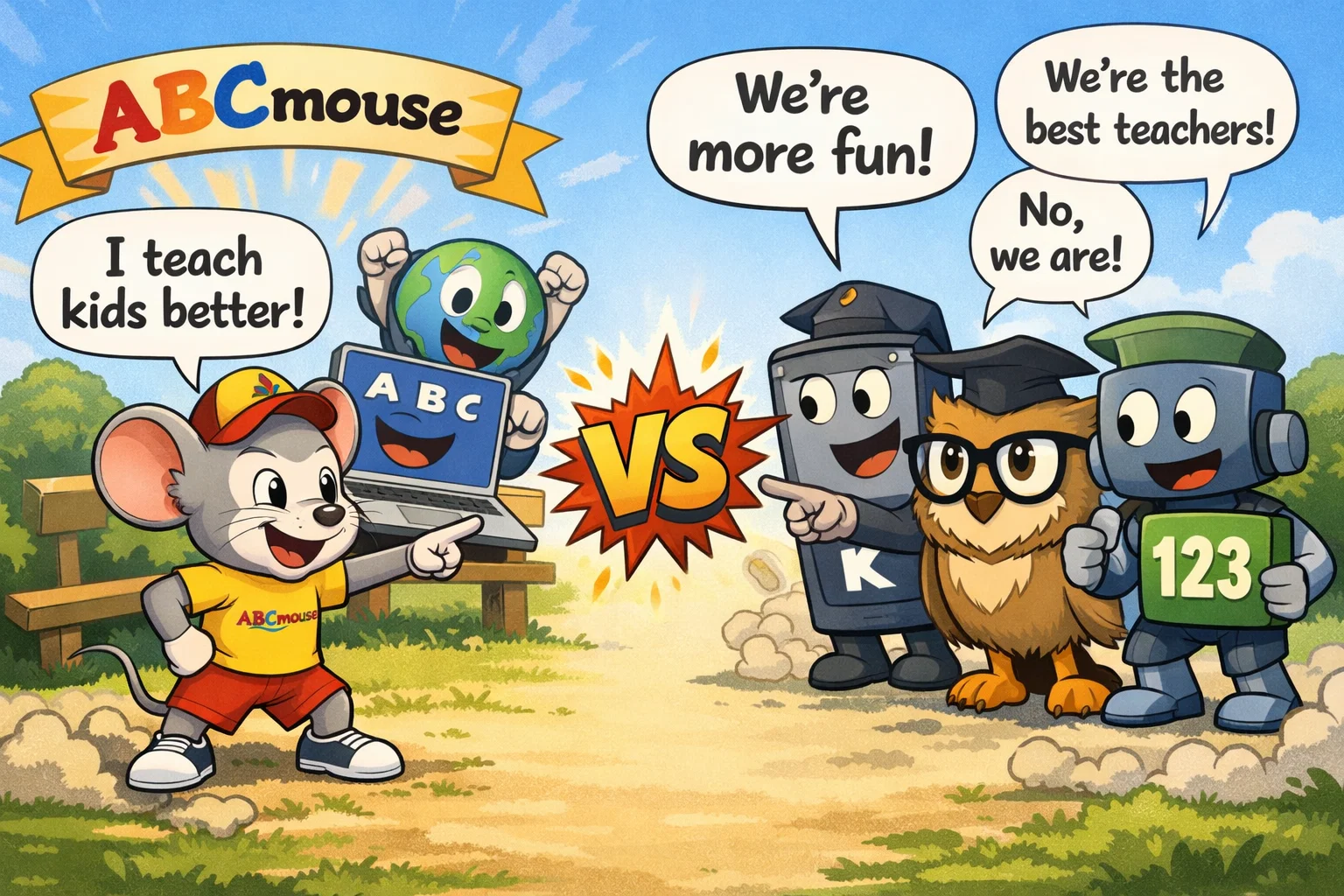 Cartoon showdown between ABCmouse and other educational apps for kids' attention.
