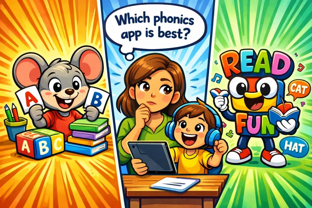 ABCmouse vs Reading com phonics app comparison for kids learning to read.