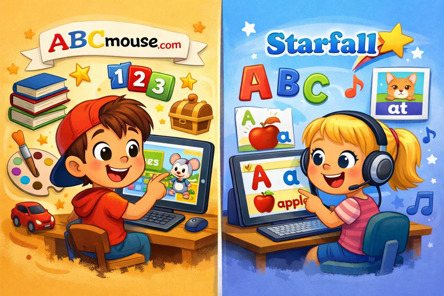Comparison of ABCmouse and Starfall apps showing children learning with fun, interactive activities.