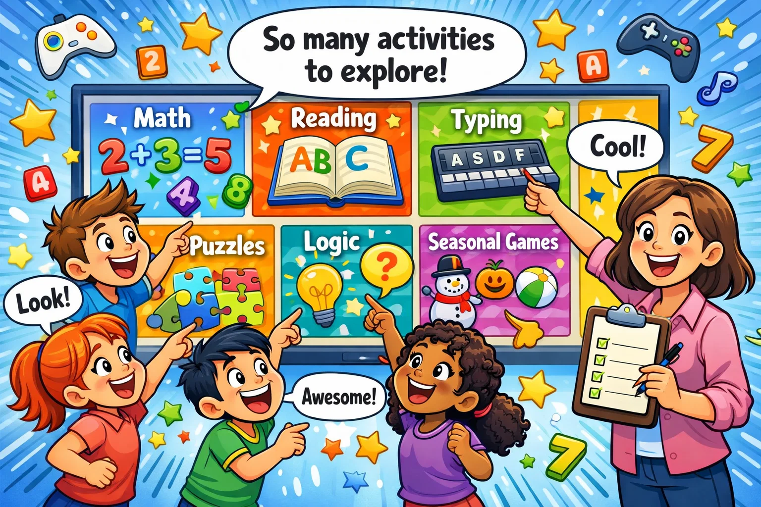 Abcya features and content review image with kids exploring game categories.
