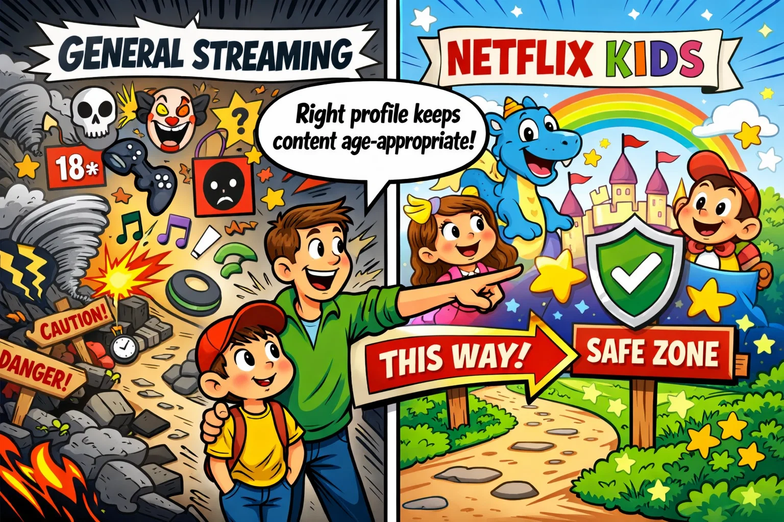 Access to inappropriate content reduced with Netflix Kids profile and parental controls.