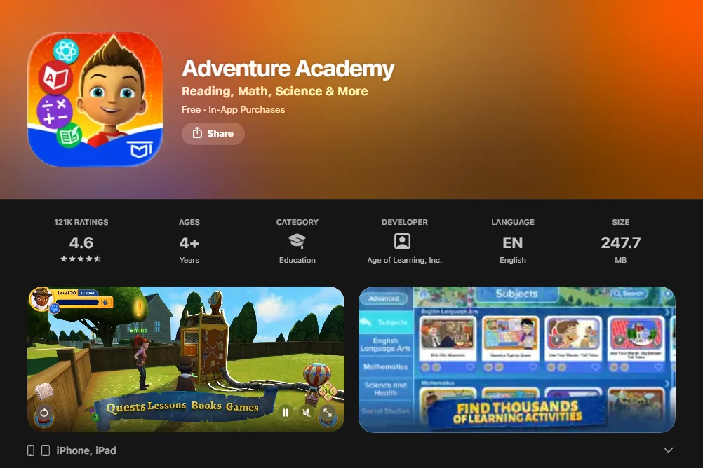  Adventure Academy App Screenshot.
