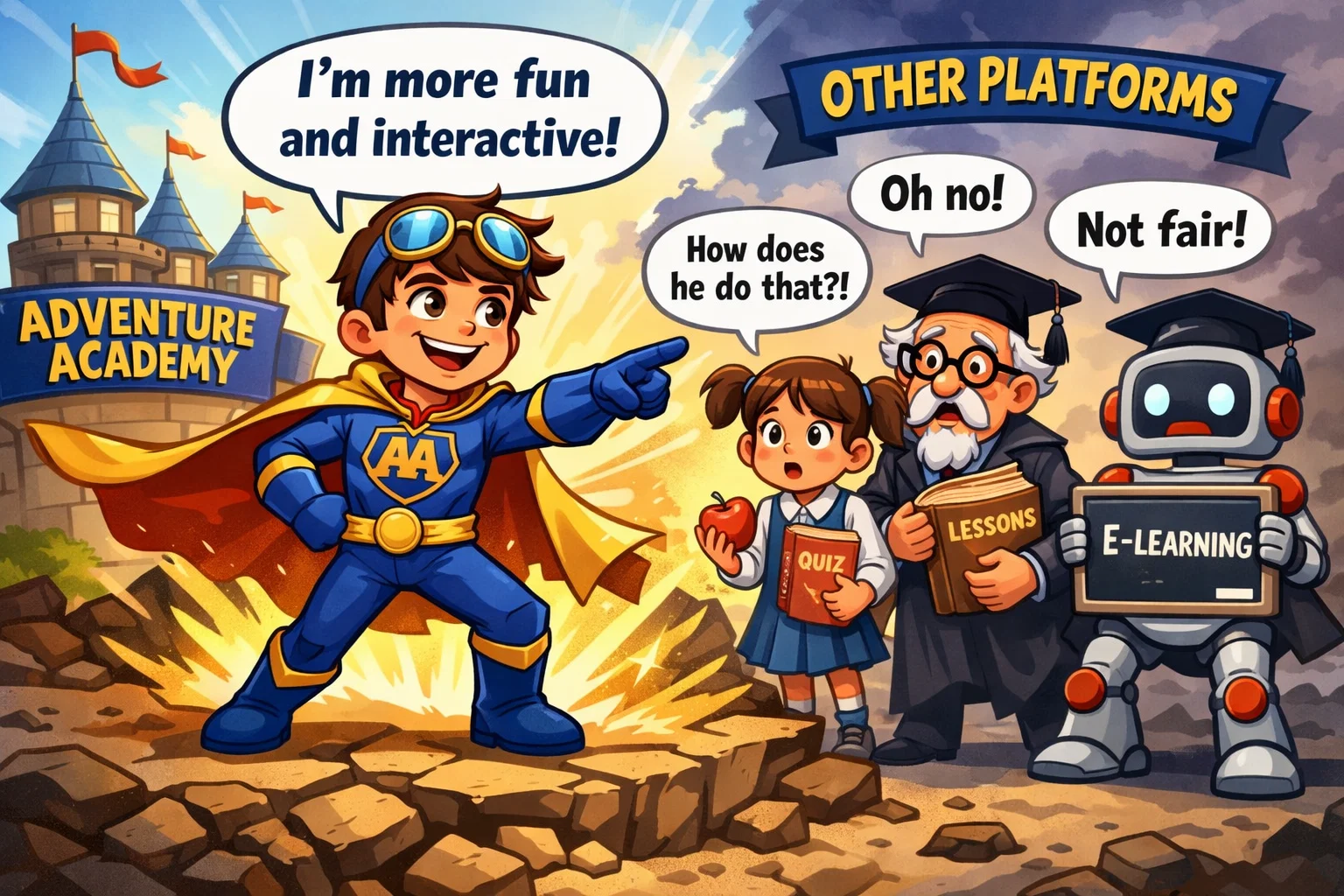 Adventure Academy vs. other educational platforms, featuring a fun battle between learning programs.
