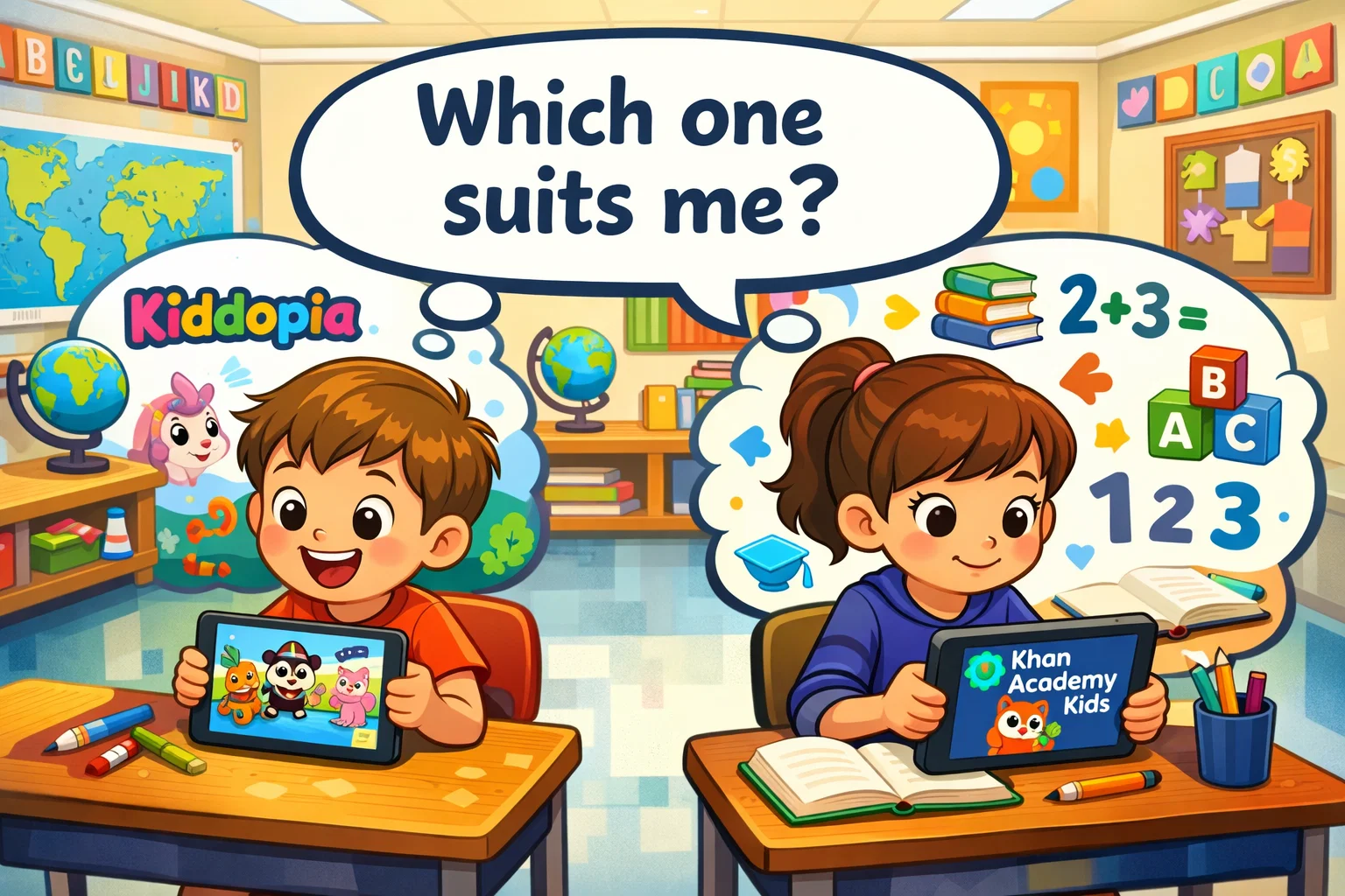 Cartoon of a child deciding which educational app, Kiddopia or Khan Academy Kids, is best for their learning.