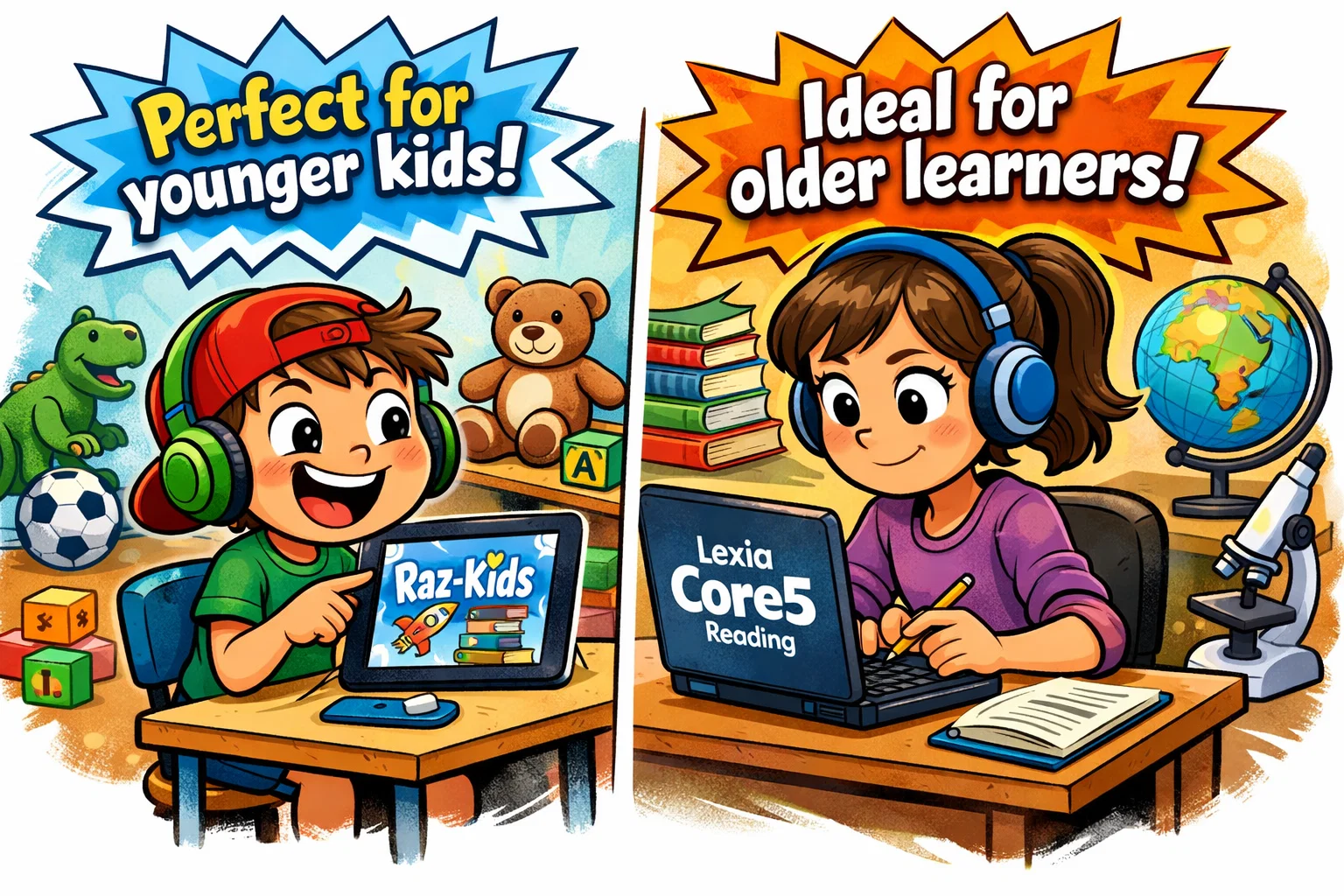 Age appropriateness of Raz-Kids vs Lexia Core5, showing kids of different ages using both apps.