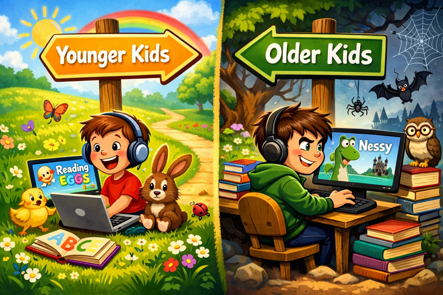 Road signs for Reading Eggs and Nessy apps showing appropriate age ranges for children.
