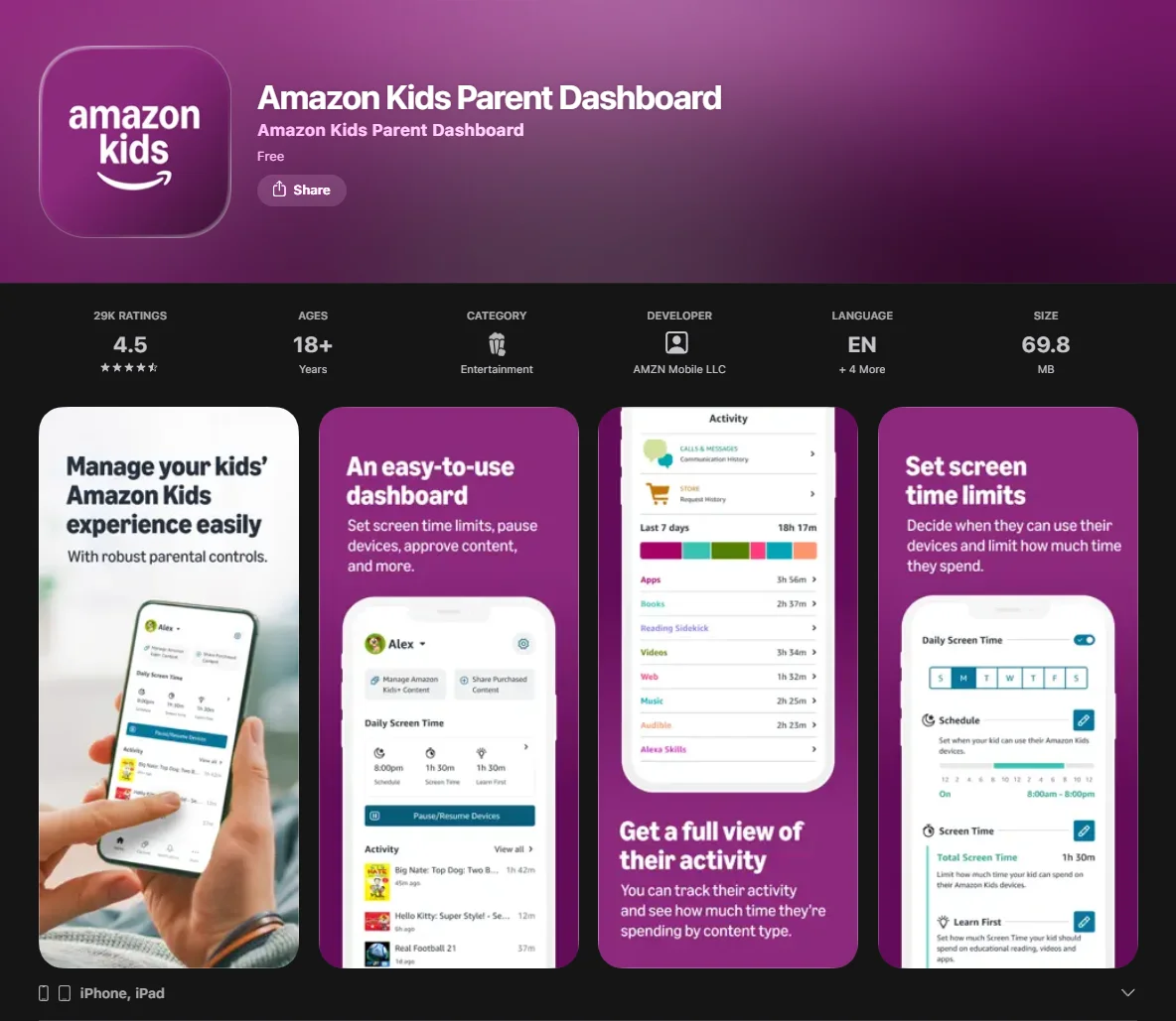 Amazon Kids Parent Dashboard App Screenshot. 
