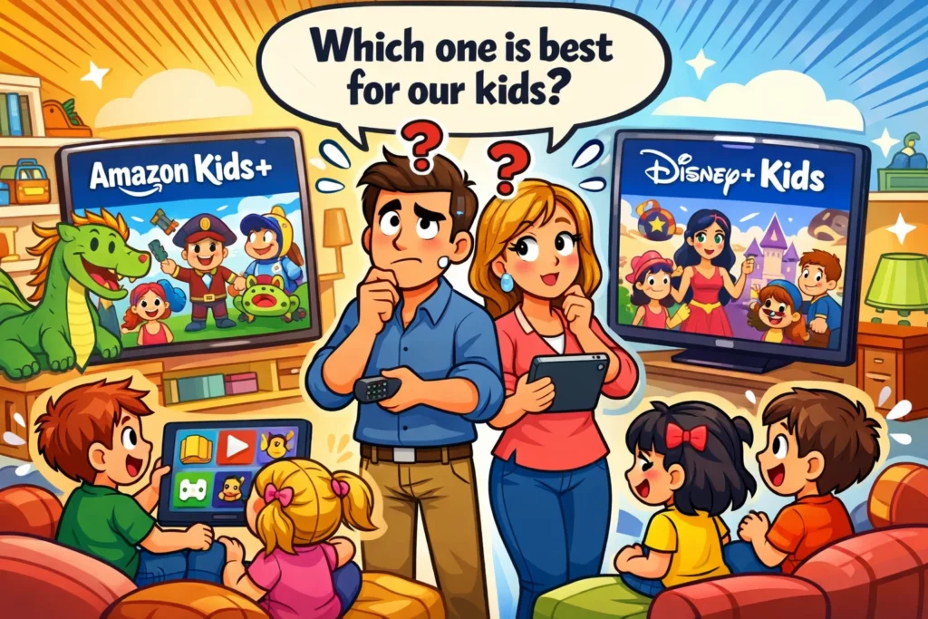 Family comparing Amazon Kids+ vs Disney+ Kids streaming services for children in 2026.