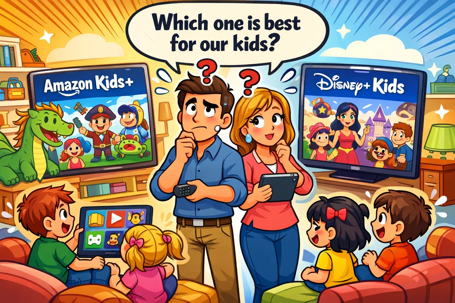Family comparing Amazon Kids+ vs Disney+ Kids streaming services for children in 2026.